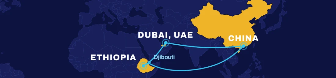Route map: China, Dubai UAE and Ethiopia via Djibouti