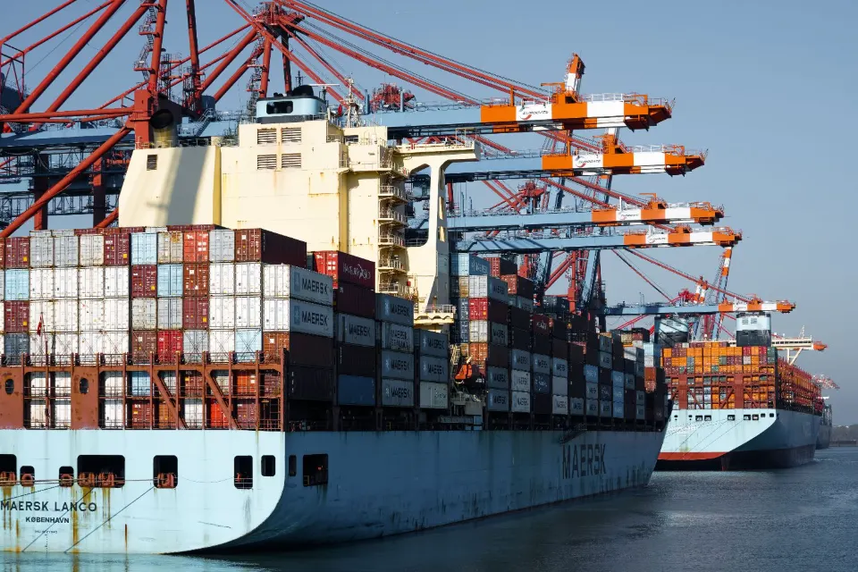 Container ship loading at a port